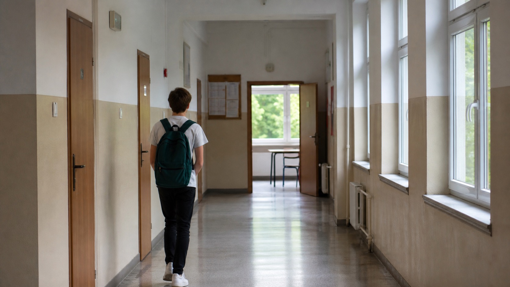 Uczeń z plecakiem idzie szkolnym korytarzem w stronę otwartych drzwi klasy