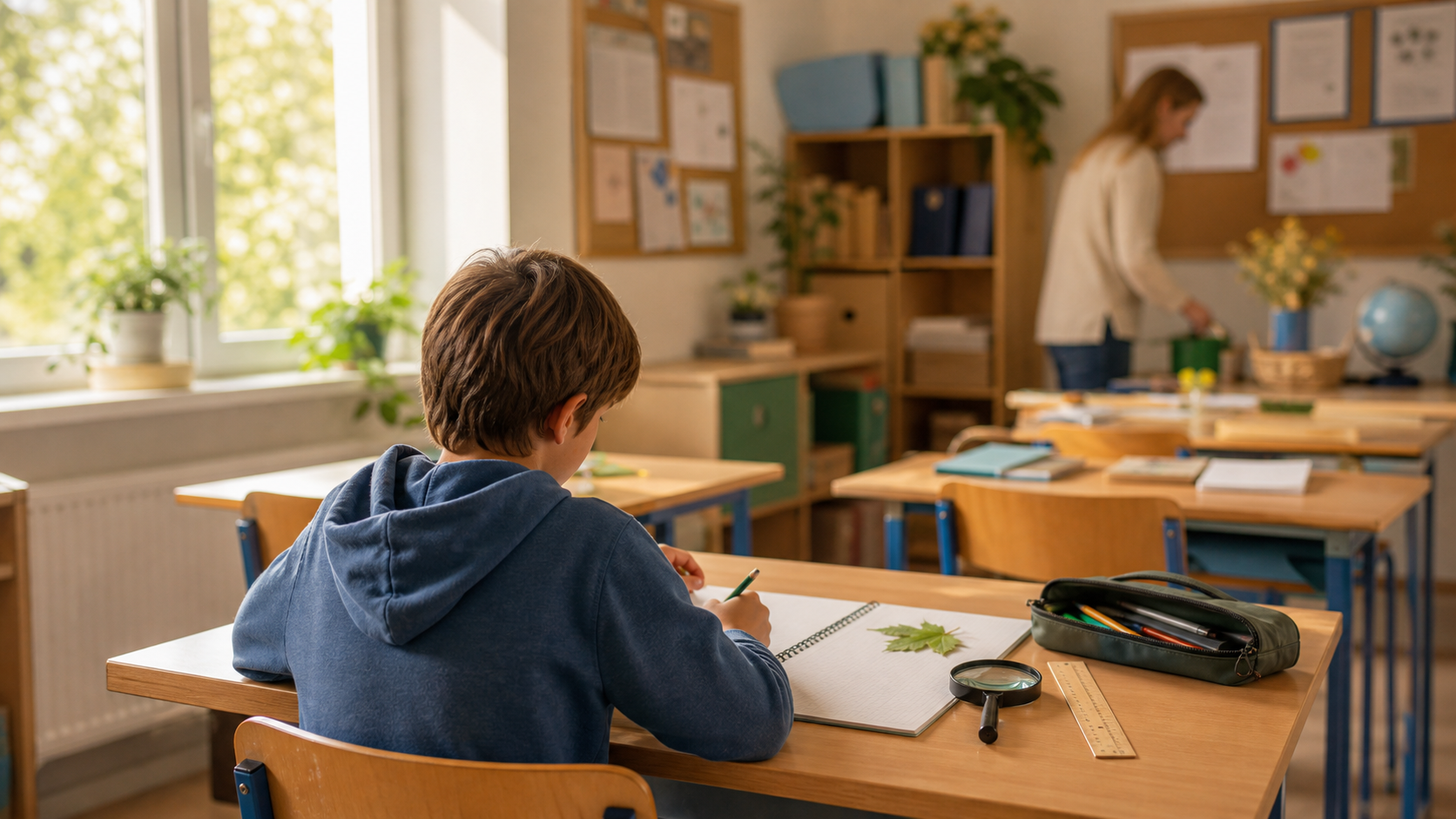 Uczeń pracuje przy ławce z zeszytem, lupą i liściem w jasnej sali lekcyjnej
