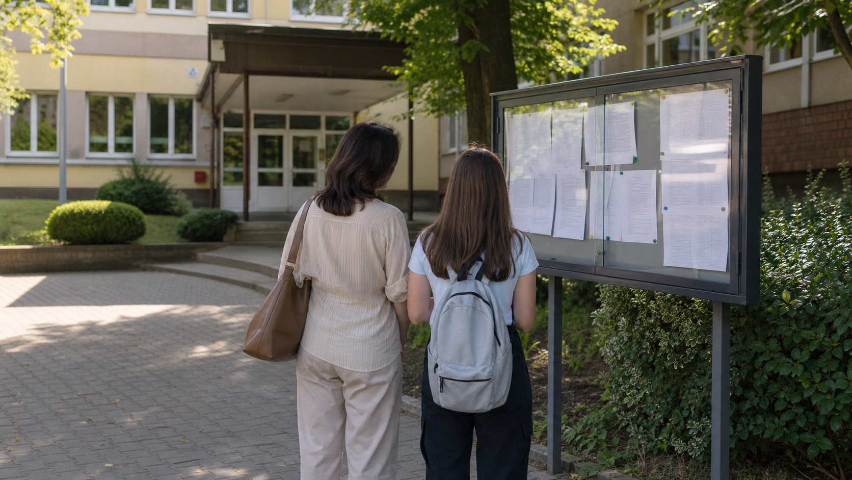 Rodzic z uczennicą sprawdzają ogłoszenia rekrutacyjne przed szkołą