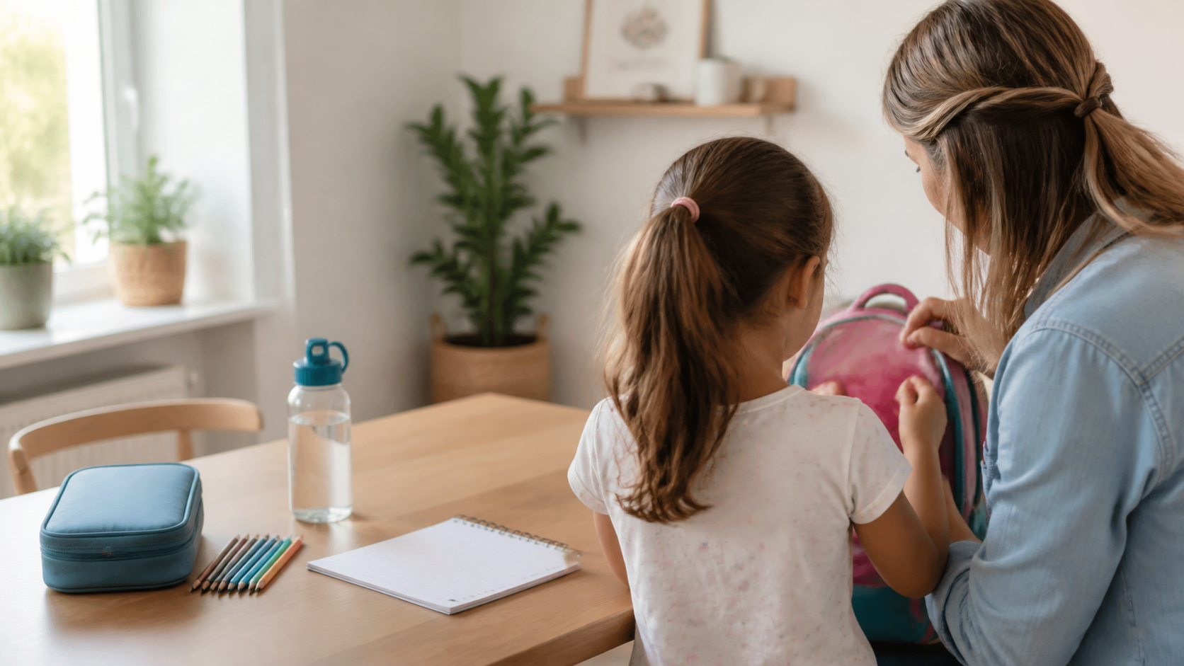 Rodzic i dziecko widziani od tyłu przygotowują plecak pierwszoklasisty przy domowym stole