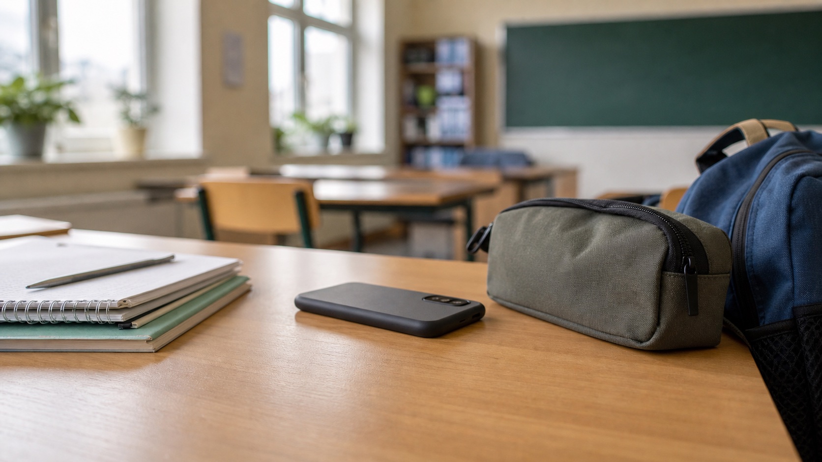 Telefon odłożony na szkolnym biurku obok zeszytów i plecaka
