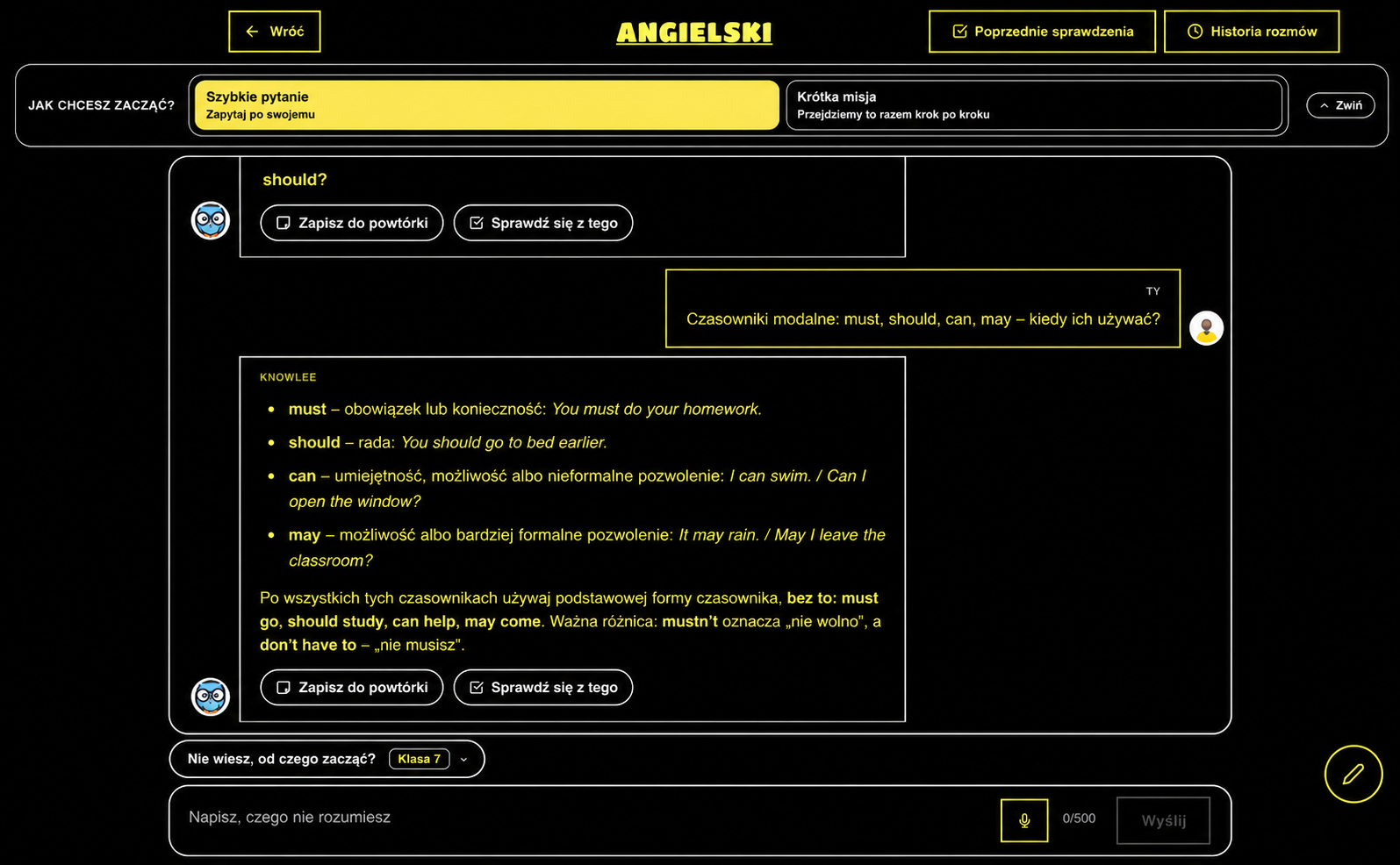 Example student conversation with Knowlee about modal verbs in high-contrast mode
