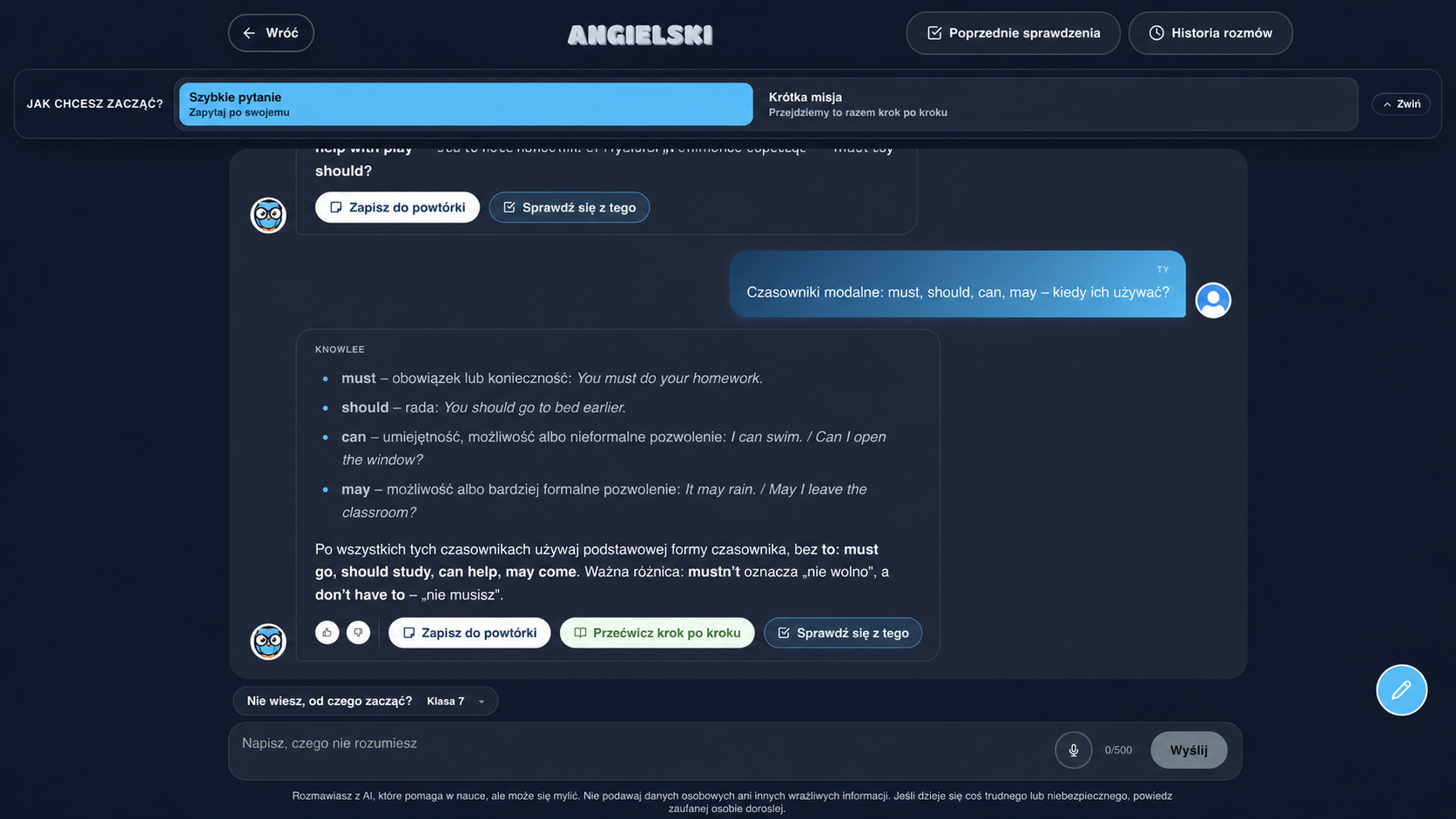 Example student conversation with Knowlee about modal verbs in dark mode