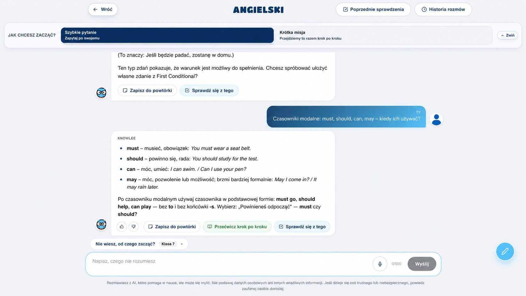 Example student conversation with Knowlee about modal verbs in light mode