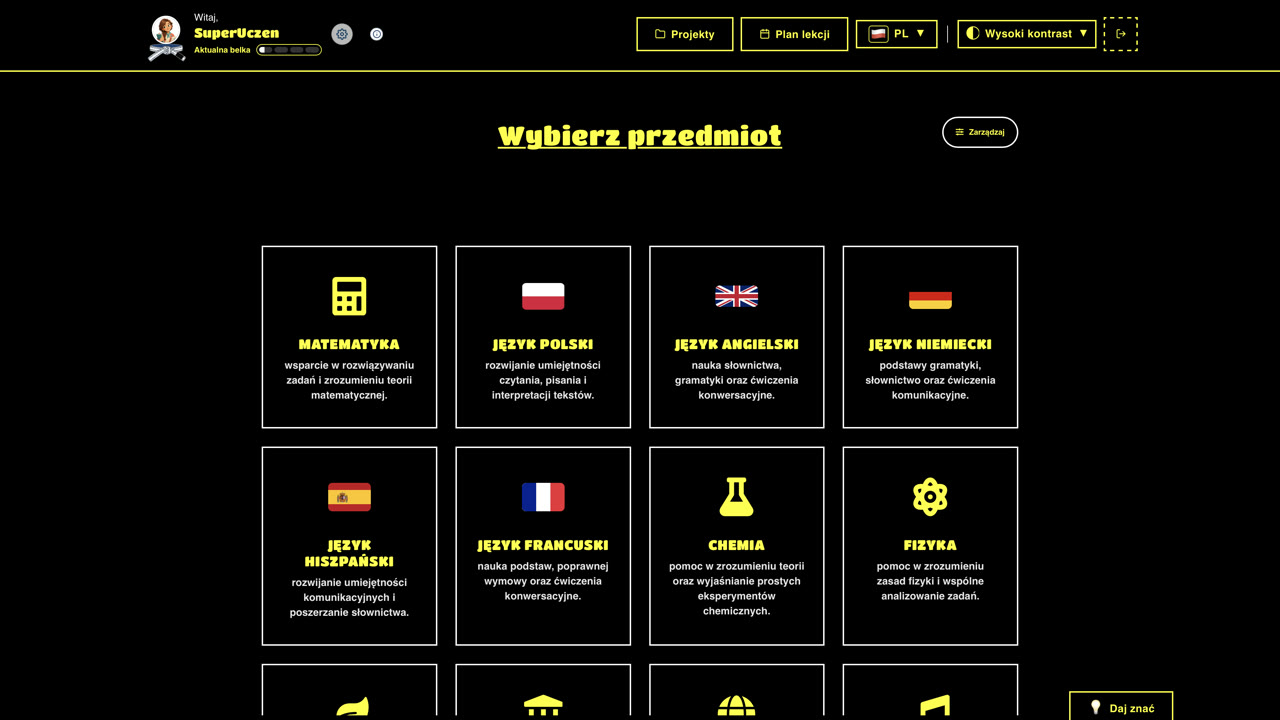 Subject selection in the Knowlee application in high-contrast mode