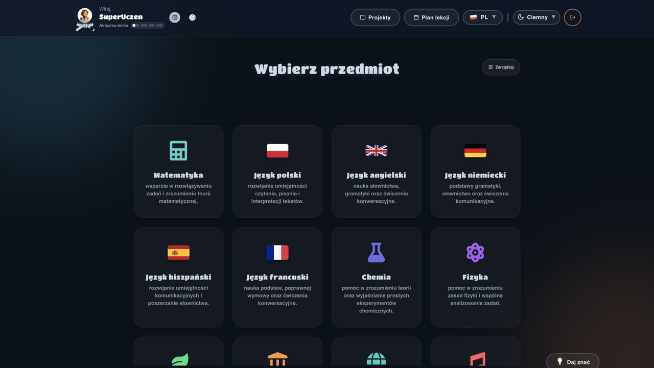 Subject selection in the Knowlee application in dark mode